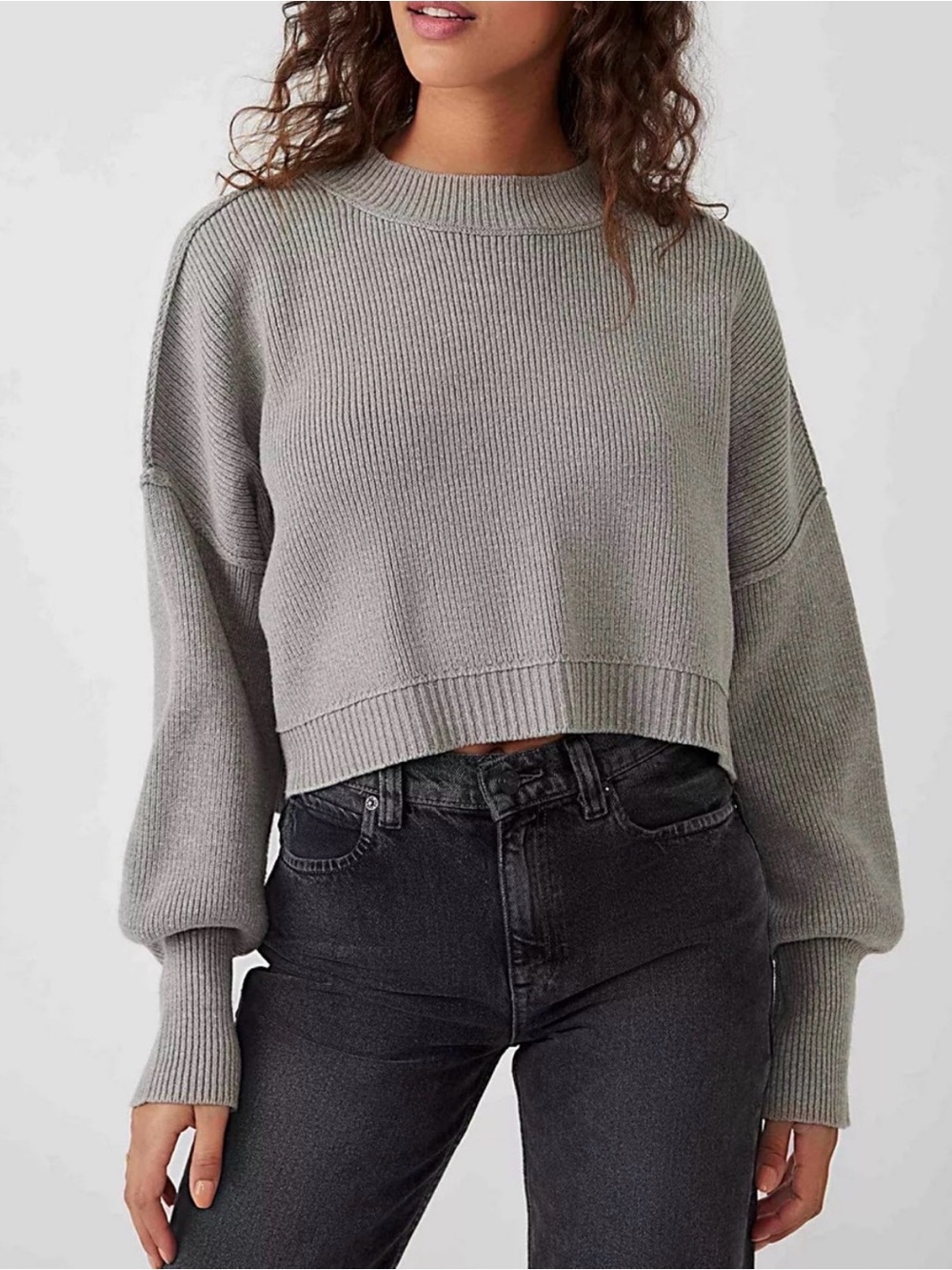 Free People Cropped Rib Knit Crewneck Sweater in Light Gray